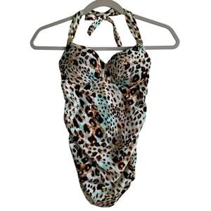 Victoria’s Secret Halter Tankini Swim Top Sz 32A Animal Print Shirred Sides
